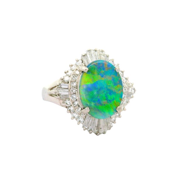 Contemporary 1.75 Carat Australian Black Opal Diamond Platinum Ballerina Ring, Size 6.75 For Sale - Image 3 of 6