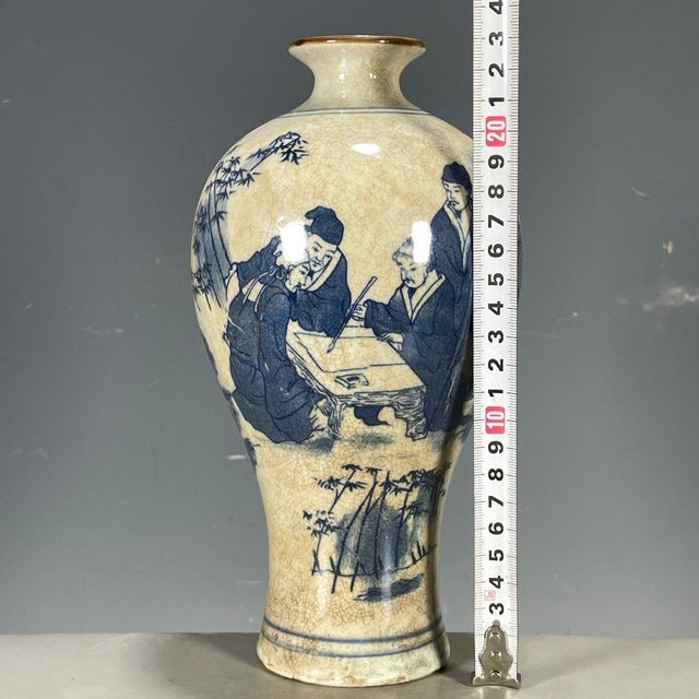 Chinese Blue & White Crackle Glaze Porcelain Vase With Figural Scene For Sale - Image 4 of 9