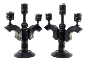 Black Wood Candelabras with Silver Applications, Set of 2