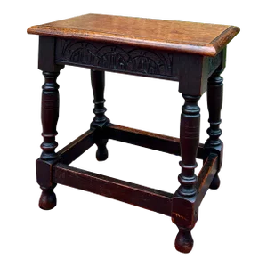 Antique English Footstool Bench Stool Joint Stool Turned Leg Carved Oak C. 1900