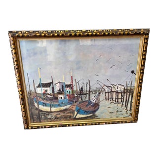 1960s Jacques Bouyssou Signed French Harbor Painting “Le Port Du Bec” – Original Framed Maritime Artwork For Sale