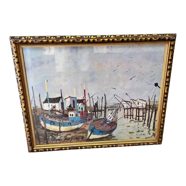 1960s Jacques Bouyssou Signed French Harbor Painting “Le Port Du Bec” – Original Framed Maritime Artwork For Sale