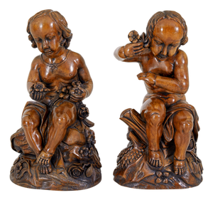Gothic Revival Carved Cherubs, 1970, Fruitwood, Set of 2