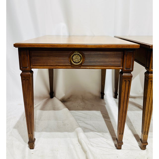Pair Vintage Henredon Side Tables with Fluted Legs. One drawer (moves smoothly), brass hardware, original fittings,...