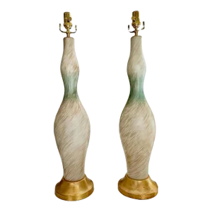Pair Tall Murano White Blue & Adventurine Table Lamps