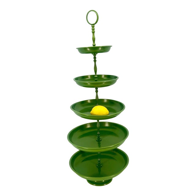 Vintage Mid-Century Modern 5 Tier Green Pedestal Centerpiece Tray Stand For Sale