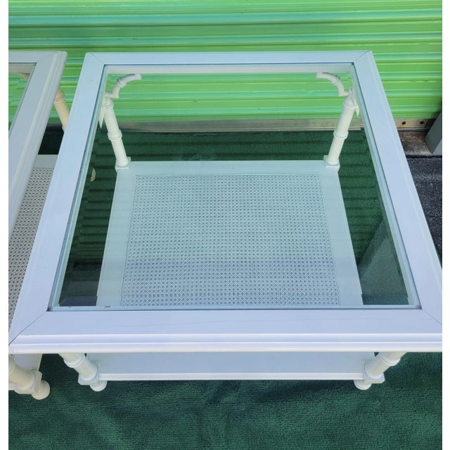 Vintage Faux Bamboo Regency Oversized White Glass Top Cane Bottom Shelf Square Side Coffee Tables- a Pair For Sale In West Palm - Image 6 of 12