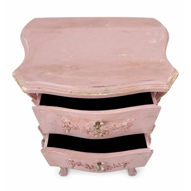 Vintage French Pink Distressed Nightstand With Floral Carvings For Sale - Image 9 of 13