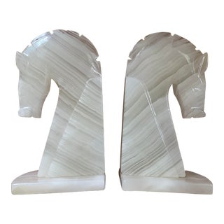 19th Century White Onyx Horse Head Bookends - a Pair For Sale