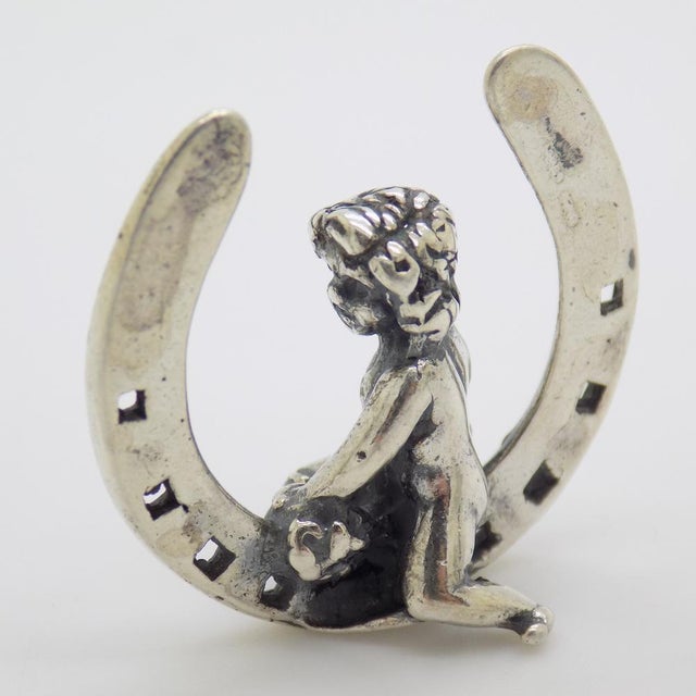 Vintage Italian Handmade Sterling Silver 925 Lucky Horseshoe with Cherub Figurine, 1980s For Sale - Image 4 of 11