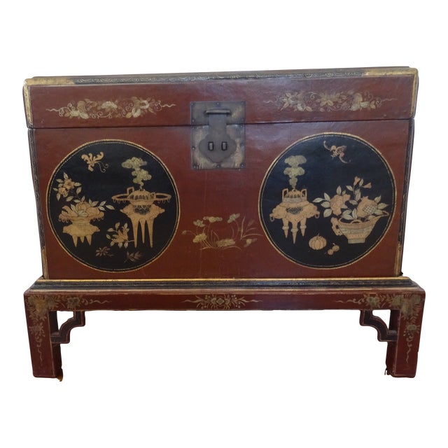 Vintage Large Chinese Leather Bound Trunk on Separate Base For Sale