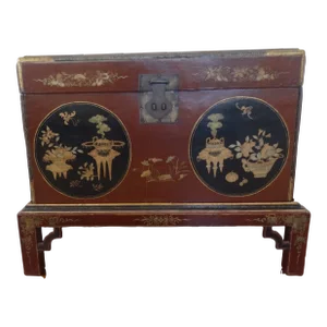 Vintage Large Chinese Leather Bound Trunk on Separate Base