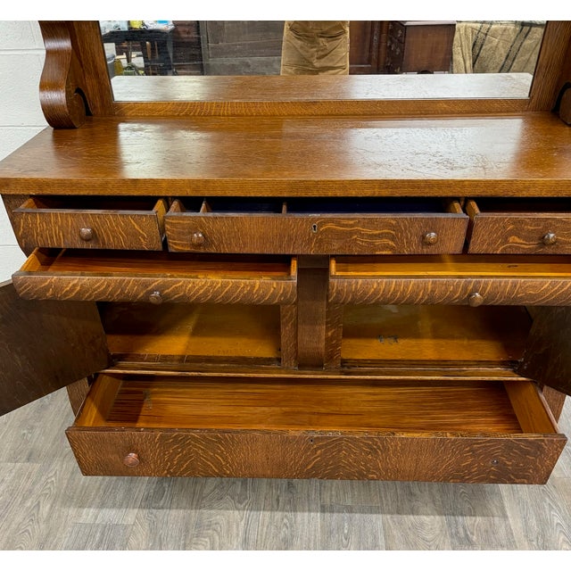 Wood Antique Empire Quarter Sawn White Tiger Oak Sideboard Server Buffet For Sale - Image 7 of 13