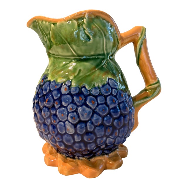Vintage Majolica Style Grape Wine Pitcher With Blue/Purple Grapes For Sale