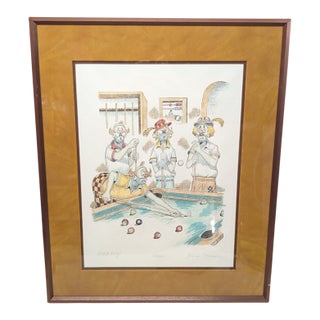 1970s Title: "Oops!" (Or, "The Rip-Off") Signed Artist Proof of Clowns Playing Pool by George Crionas For Sale