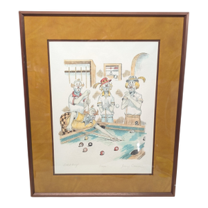 1970s Title: "Oops!" (Or, "The Rip-Off") Signed Artist Proof of Clowns Playing Pool by George Crionas