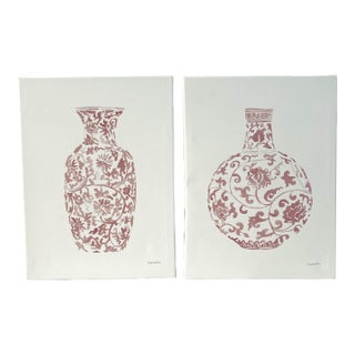 Asian Pink Ginger Jar Prints on Canvas, a Pair For Sale
