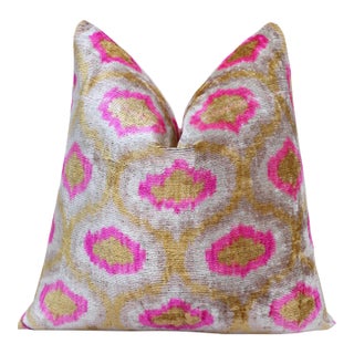 Pink Ikat Silk Velvet Pillow 20x20 | Handmade Luxury Designer Cushion For Sale