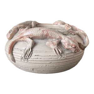 Mid 20th Century Artisan Sculpted Ceramic Pottery Lizard Motif Bowl, Signed