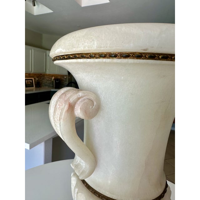 Single Italian Tall Alabaster and Brass Urn Handles Table Lamp For Sale - Image 16 of 18
