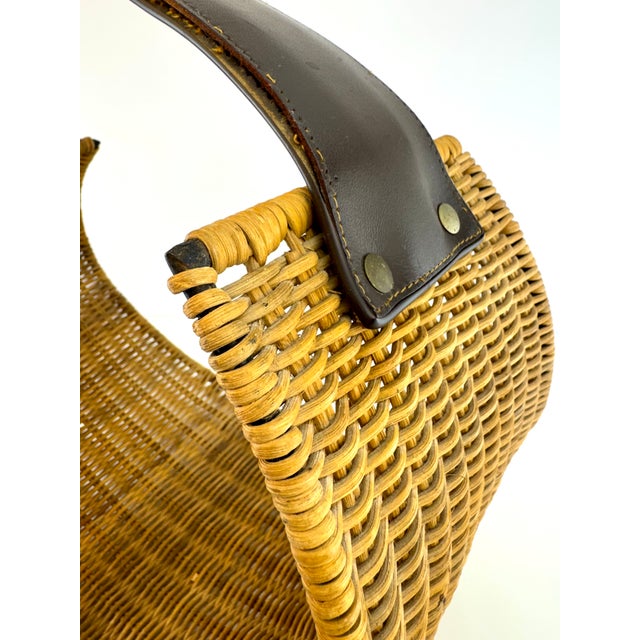 1960s Mid-Century Rattan Firewood Log Basket With Leather Handle For Sale In Little Rock - Image 6 of 14
