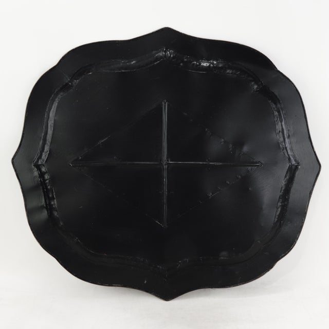 Vintage Hand Painted Chinoiserie Tole Tray Black Lacquer With Gold Gilt Scenic Pagoda Motif For Sale - Image 15 of 16