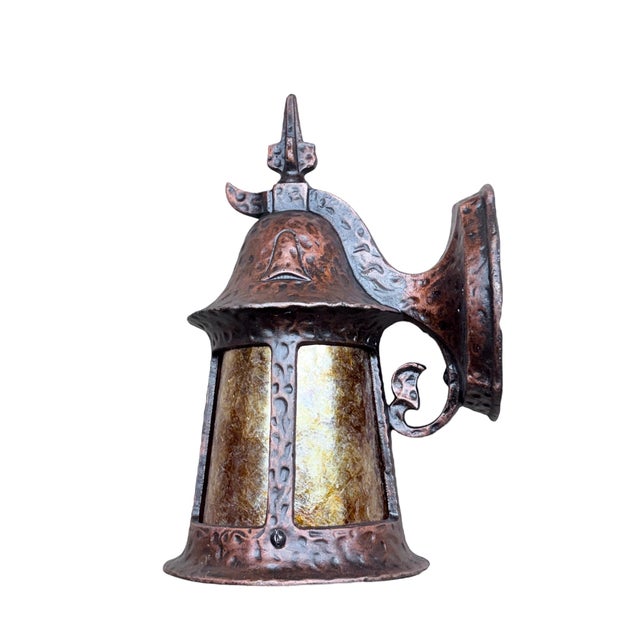Arts & Crafts 1920s Storybook Outdoor Porch Light in Antique Copper Finish With Orange Mica Shade #2625 For Sale - Image 3 of 6