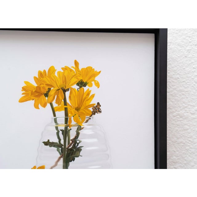 Contemporary Blooming Days II by Karina Rodríguez | Oil on panel Still life of yellow flowers in a glass vase For Sale - Image 3 of 5