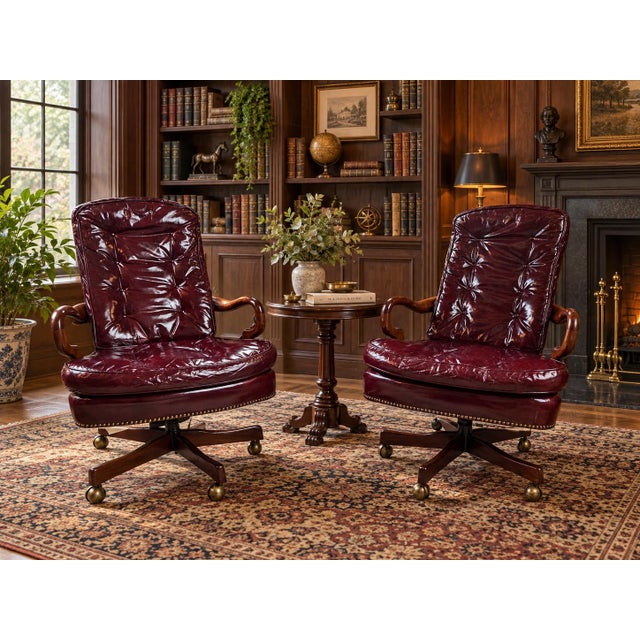 A handsome pair of vintage executive chairs by Classic Leather, Inc. of Hickory, North Carolina, dating to March 1994. The...