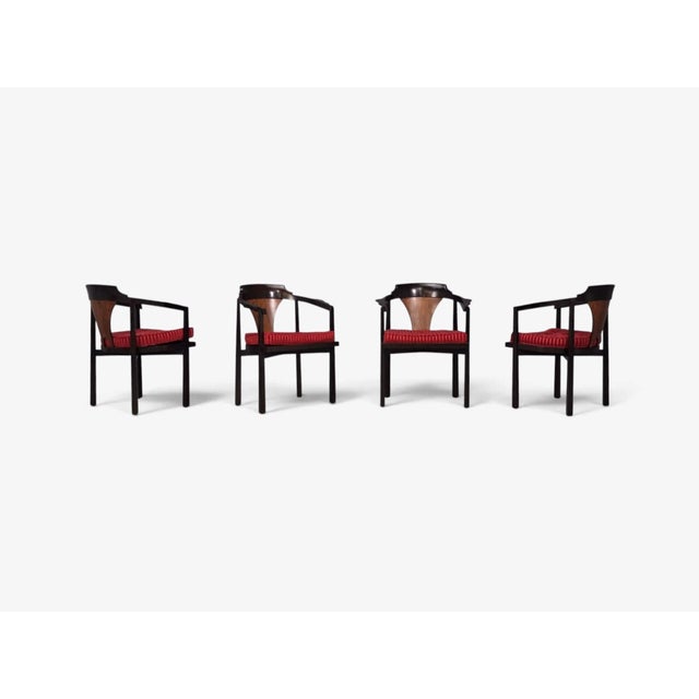 Edward Wormley, Horseshoe Chairs, Mahogany, Rosewood, Red Fabric, Usa, 1950s For Sale - Image 4 of 16