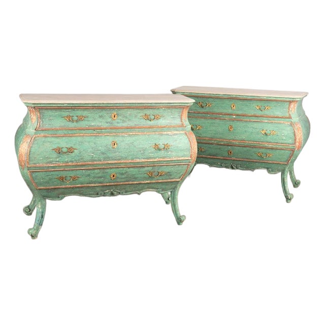 Pair, 18th Century Italian Large Green Painted Bombay Chest of Drawers Commodes For Sale