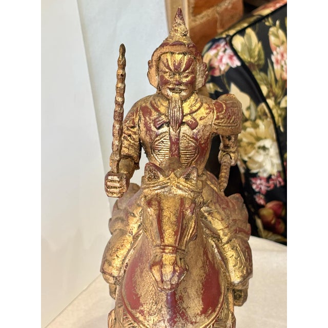Vintage Tang Dynasty Style Chinese Gilded Wood Horse and Warrior Figure For Sale In Saint Louis - Image 6 of 7