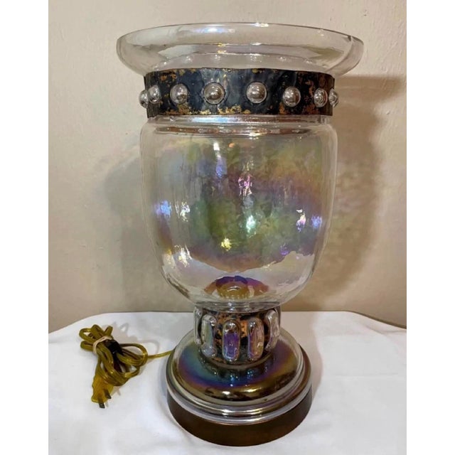 Mid 20th Century Brutalist Derflingher Style Blackened Copper Iridescent Caged Glass Hurricane Lamp For Sale - Image 12 of 12