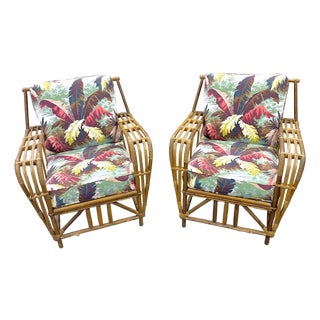Pair, Mid-Century Modern Attributed to Paul Frankl Rattan Barkcloth Lounge Chairs For Sale