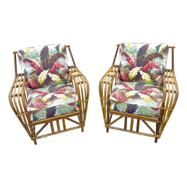 Pair, Mid-Century Modern Attributed to Paul Frankl Rattan Barkcloth Lounge Chairs For Sale
