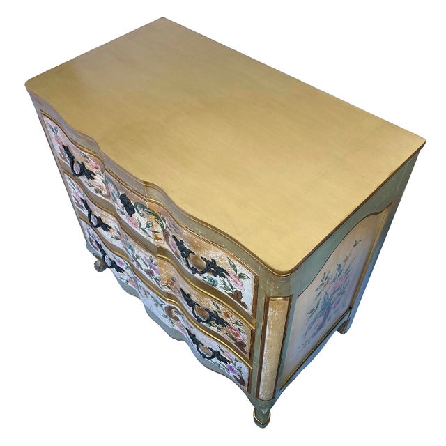 A Beautiful Vintage Hand Painted Italian Dresser. Floral Motif with Gold gilding. Metal hand pulls. Three drawers. An...