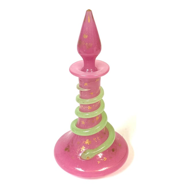 Neoclassical Pair French Pink Opaline Perfume Bottles with Green Serpents Attrib. Baccarat For Sale - Image 3 of 13
