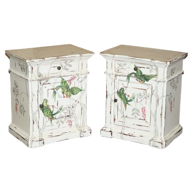 Hand Painted Parrots / Birds of Paradise Side End Table Bedside Drawers, Set of 2 For Sale