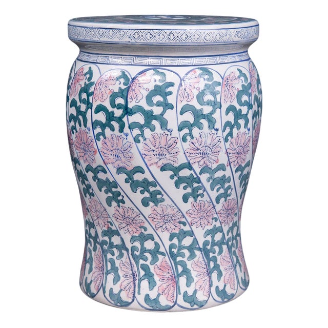 Ceramic Stool with Floral Decor For Sale