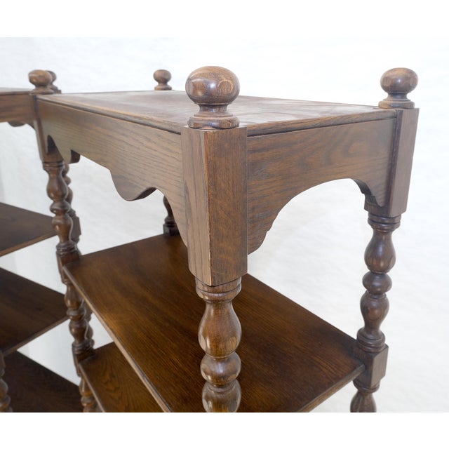 American of Martinsville Pair of Solid Oak Spanish Colonial Etageres Shelves w/ Storage Cabinets & Finial For Sale - Image 4 of 17