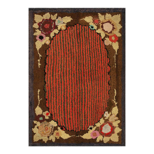 Great Brown and Red Color With Delicate Floral Design Antique American Hooked Rug