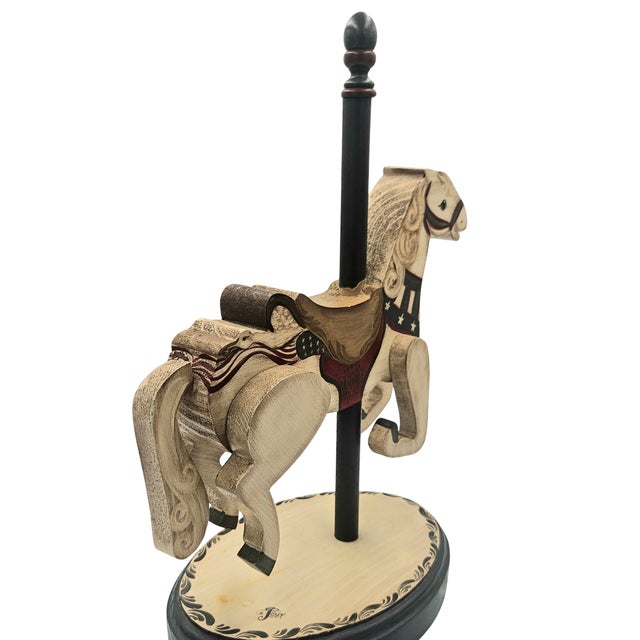 American Hand Carved Patriotic Wooden Horse, Signed & Dated Americana Folk Art Sculpture, 1987 For Sale - Image 3 of 11