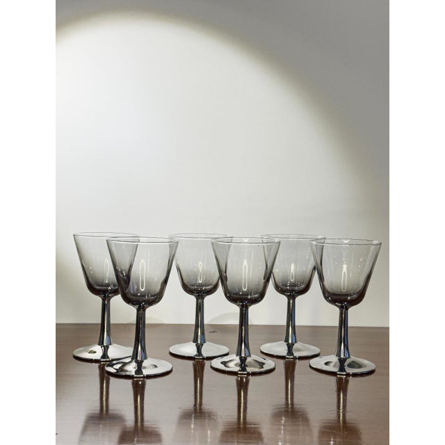 Set of six vintage Arcoroc France wine glasses in a silver ombré finish, produced using Arcoroc's fused-glass technique....