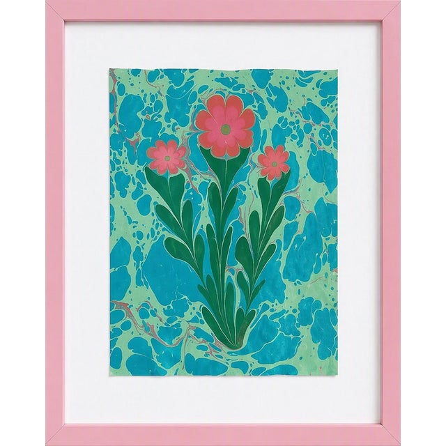 Ebru Flower Original Painting Pink and Blue For Sale