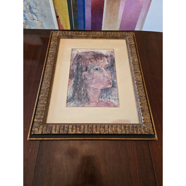 Wood Vintage Mid Century Modern Watercolor Painting of Girl For Sale - Image 7 of 12