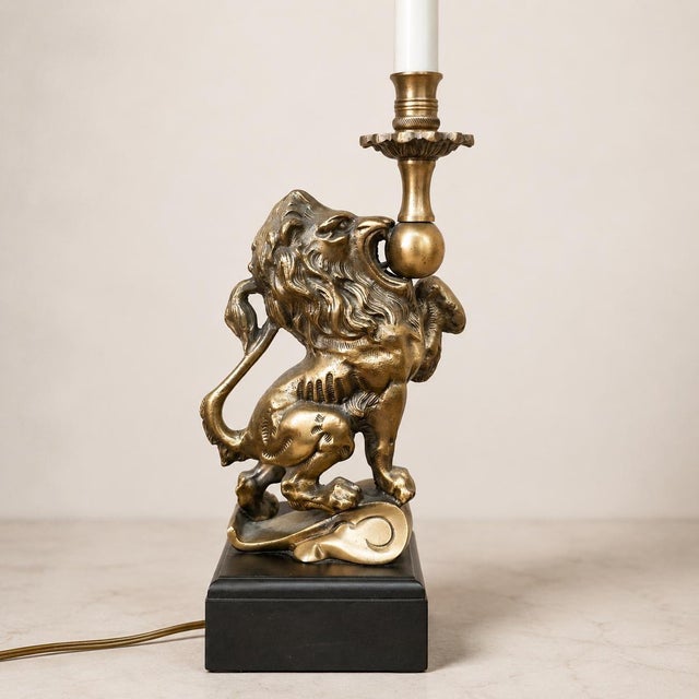 20th Century Brass-Tone Lion Table Lamp, Neoclassical Black Shade, 28.5 Inch For Sale - Image 18 of 18