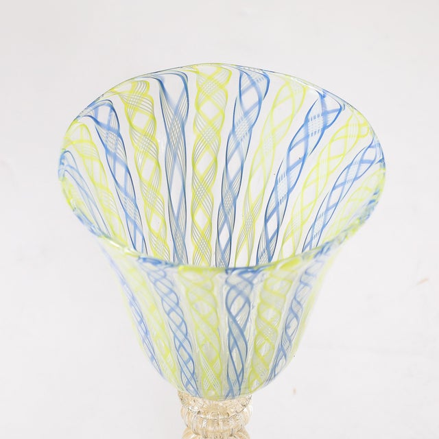 Set of 8 Hand-Blown Murano Latticino Blue & Chartreuse Wine Glasses W/ 24k Gold For Sale - Image 18 of 18
