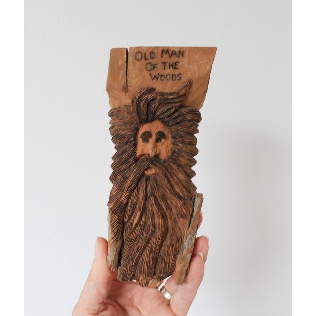 Wood Vintage Hand Carved Folk Art "Old Man of the Woods" Wall Hanging For Sale - Image 7 of 8