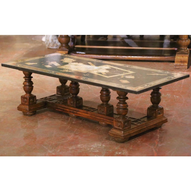 Wood 19th Century French Louis XIII Walnut Coffee Table With Marble Inlay Top For Sale - Image 7 of 14