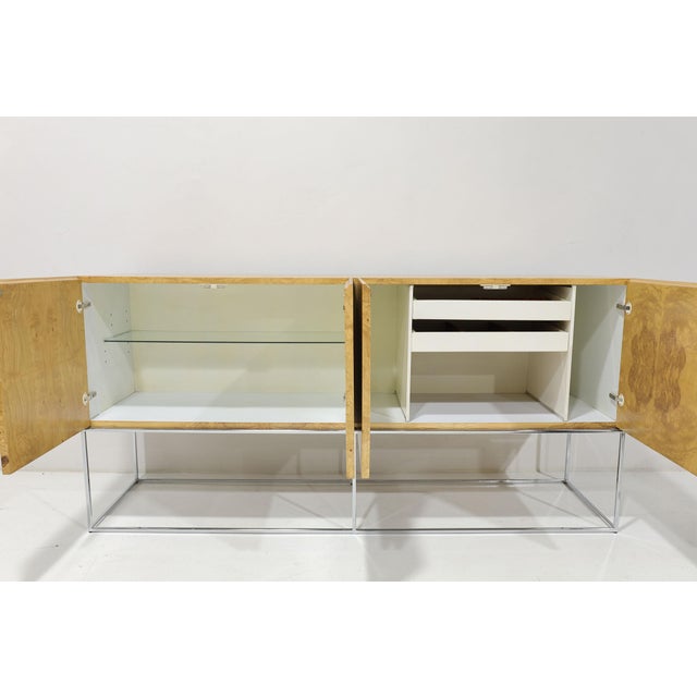 Wood Mid 20th Century Burled Olivewood Sideboard on Chrome Base Attributed to Milo Baughman For Sale - Image 7 of 11